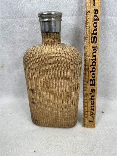 antique flask wicker covered glass 9x4x2  very good original mid 1800
