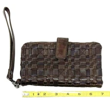 VILENCA Holland Woven Leather Wallet Wristlet Clutch Removable Strap DARK BROWN