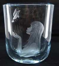 Art Glass STROMBERGSHUTTAN Swedish MCM Girl & Bird, Large Oval Vase, 8 5/8"