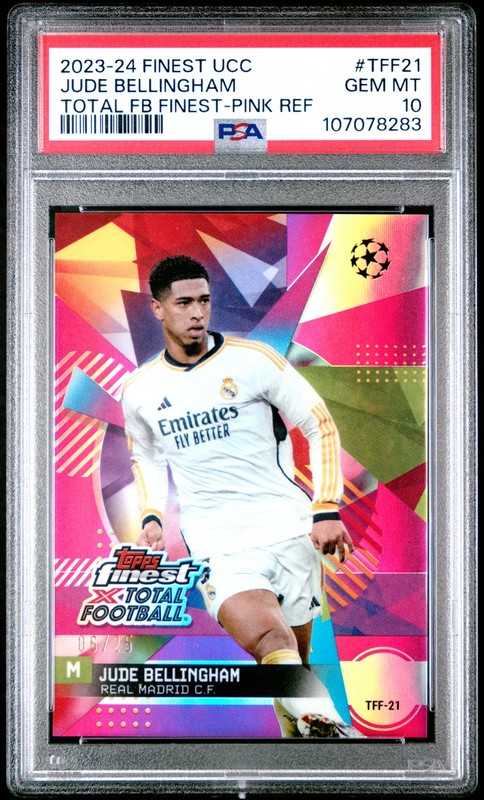 2023-24 TOPPS FINEST UCC PINK REFRACTOR #TFF21 JUDE BELLINGHAM 6/25 PSA 10