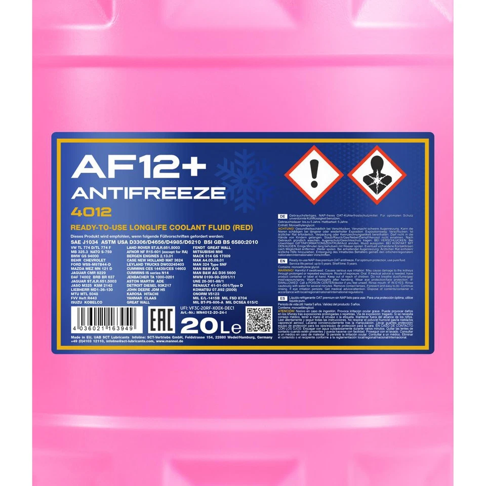 Mannol Antifreeze Kühlerfrostschutz 20L Rot G12+ AF12+ bis - 40°C für AUDI VW - Bild 3 von 4