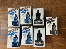 7x Vintage NOS Design Higgins Faber Castell Drawing Ink Blue, Black Magic, Black