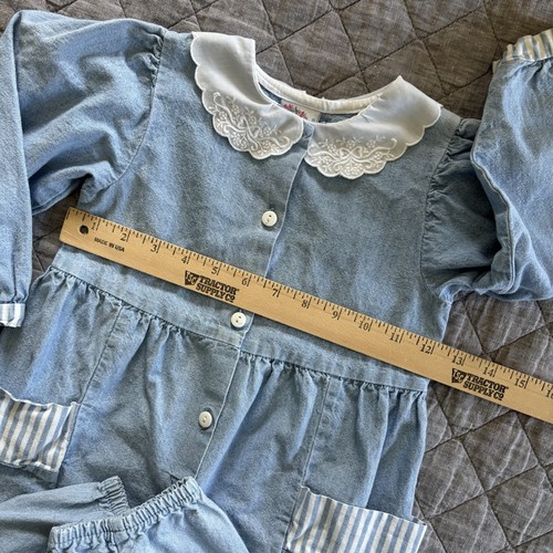 Vintage Oshkosh Denim Bubble Jumpsuit Romper 4T Peterpan Collar Pockets USA 90s - Picture 16 of 24