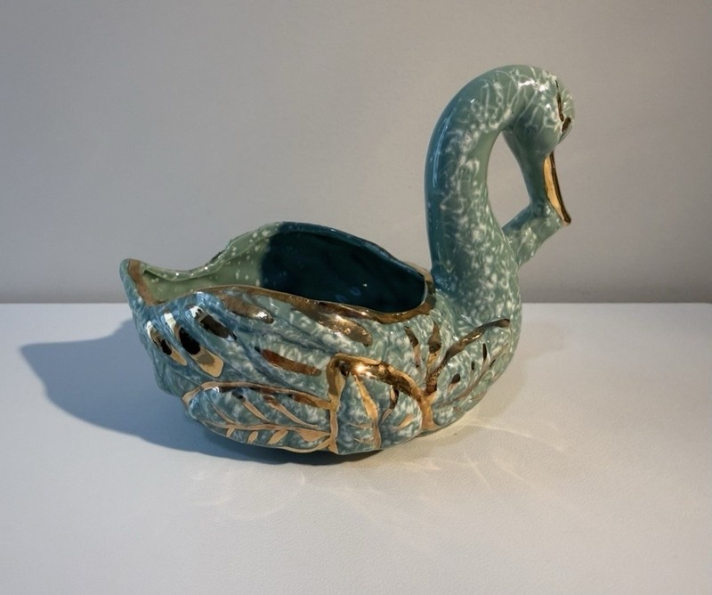 MCM Richardson Swan Planter Turquoise Spatter Glaze 23K Gold Vintage