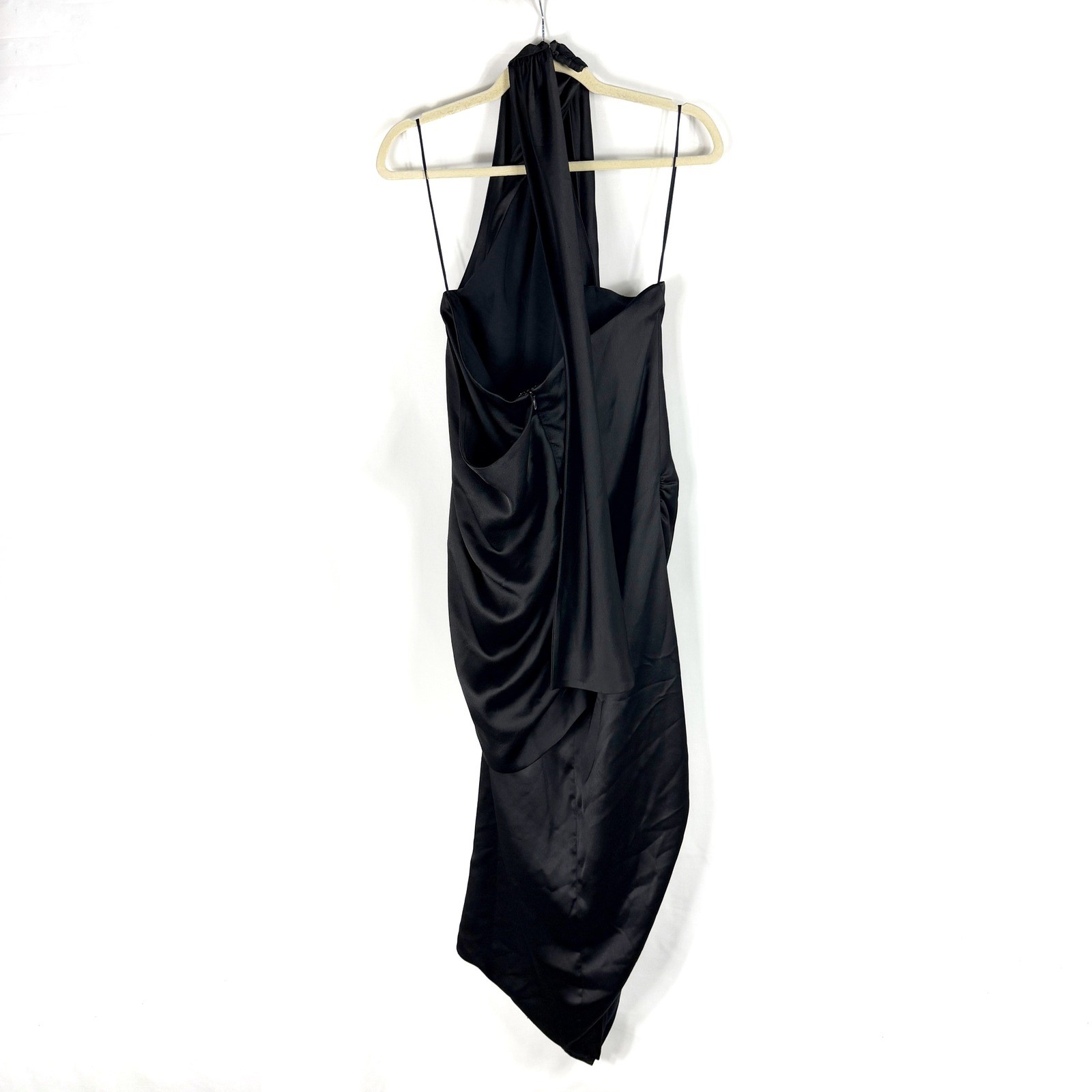 Arias Asymmetrical Midi Dress Black Draped Satin Halter Sash Womens Sz 12 image 9