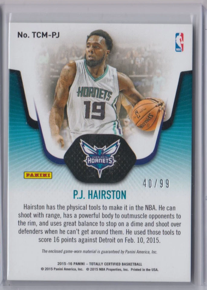2015-16 Panini Totally Certified Materials Jersey P.J. Hairston 40/99 Charlotte - Image 2 of 2