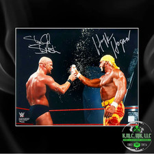 *WWE STONE COLD STEVE AUSTIN & HULK HOGAN DUAL SIGNED 20X24 CUSTOM FRAMED W/FANA