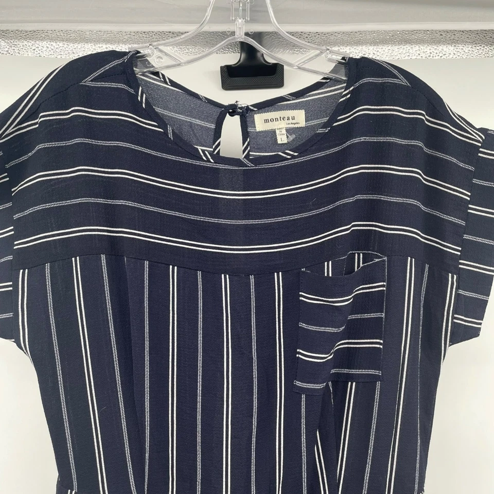 Mono Monteau para mujer a rayas pierna ancha manga corta azul marino/blanco talla grande Foto 2 de 4