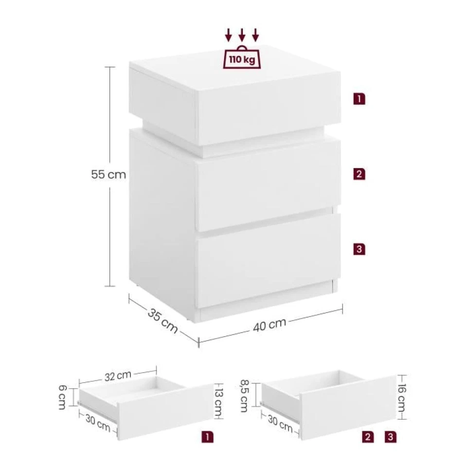 Table de Chevet VASAGLE 3 Tiroirs LED Multicolore Moderne Blanc 40x35x55cm - Photo 3/4