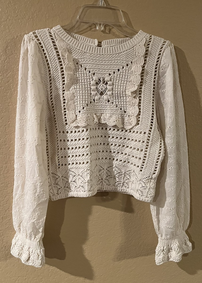 New Zara Contrasting EMBROIDERY Knit SWEATER Ruffled Cuffs New Zara Contrasting EMBROIDERY Knit SWEATER Ruffled Cuffs