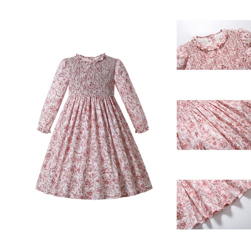 Abito bambina smocked floreale formale vestito festa manica lunga 2-12 anni rosa