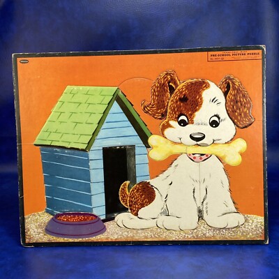 Vtg 1955 WHITMAN Frame Tray Inlay Puzzle Pre-School Puppy Dog Bone Doghouse Bowl