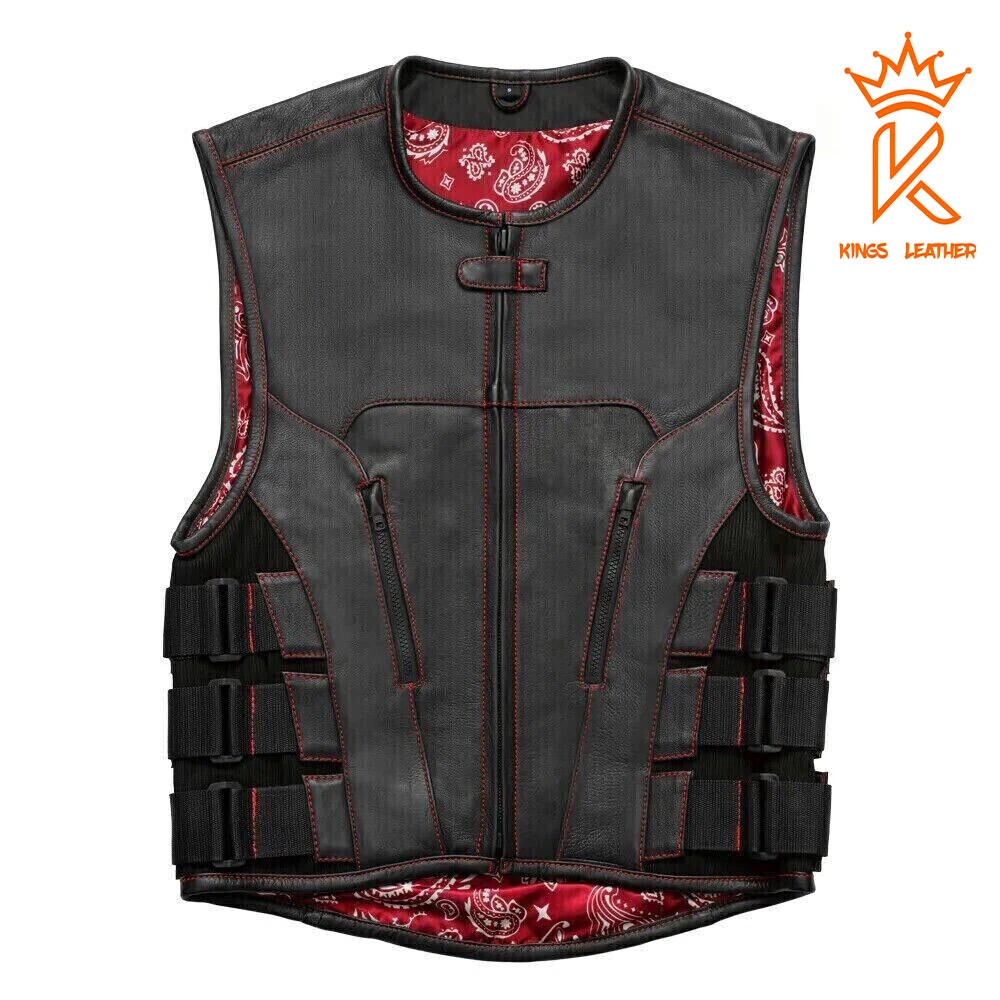 Black Leather Motorcycle Vest Side Straps/Red & White Paisley Lining Waistcoat