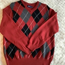 Bass rust black grey v neck pullover argyle harlequin lambswool blend sweater M