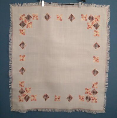 VTG Linen Tablecloth Handmade Drawn Thread Embroidery Cross Stitch 37x41'' Cream