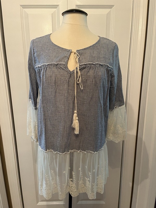 Women’s Hayden M Long sleeve Woven Shirt Lace Bottom Tunic, Cotton ,Tie Closure