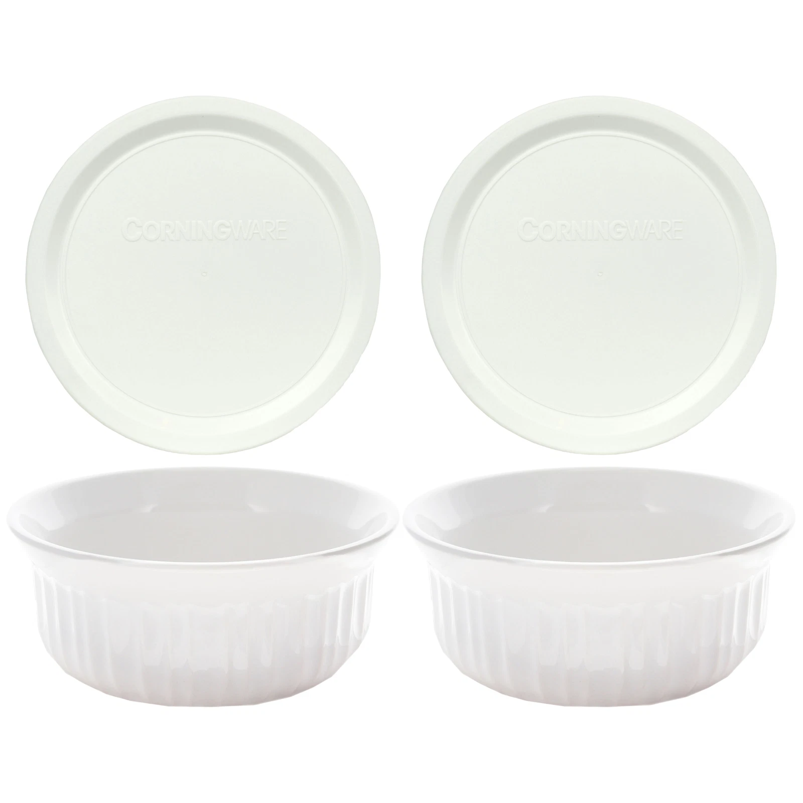 CorningWare (2) FS16 16oz Round French White Casserole Dishes & (2) F-16 16oz French White Plastic Lids
