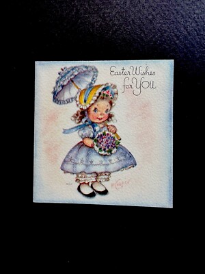 1 VTG Marjorie Cooper Easter Greeting Card Cute Girl All Decked Out W/ Umbrella