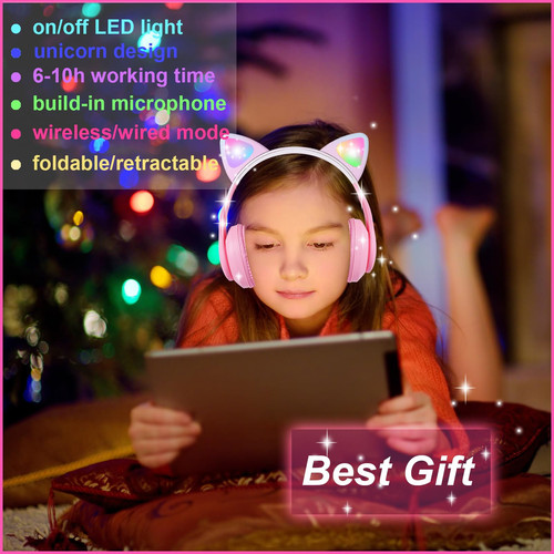 Cat Ear Kids Bluetooth Headphones for Girls Children Teens, LED Light Up Wire... - Picture 3 of 5