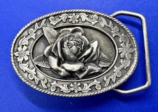 Rose Flower Vintage 80's Siskiyou Western Oval Pewter Small Belt Buckle C-4000