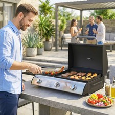 7.5kW Portable Tabletop 3Burner Gas Plancha BBQ Grill Unit Griddle Thermometer