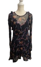 IRO Loxie Floral Print Chiffon Ruffle Mini Dress Long Sleeve Size 36 Black