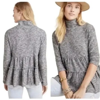 Anthropologie Eri + Ali Ruffle Hem Turtleneck Sweater Waffle Knit Gray XS