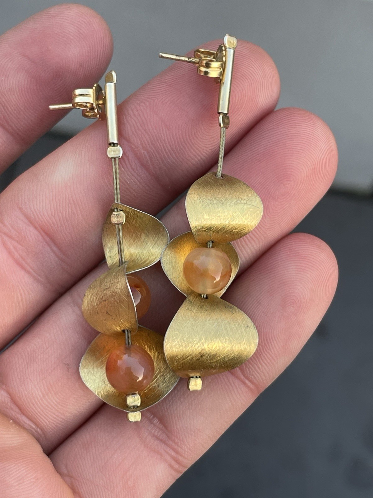 Solid Silver Gilt Agate Designer Large Drop Earri… - image 4