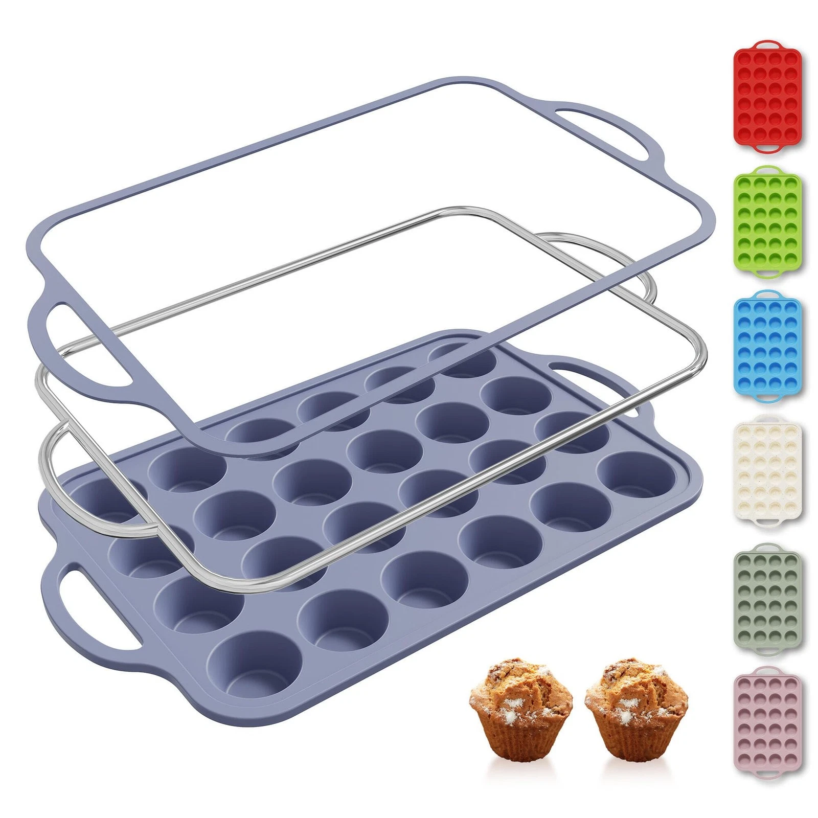 24 Cups Silicone Muffin Pan with Metal Reinforced Frame Mini Size Cupcake Tra...