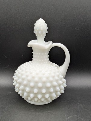 Milk Glass 3 Spout Cruet and Stopper by Fenton with an All-Over Hobnail Pattern