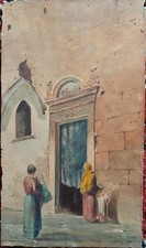 italia centrale antico quadro acquerello su cartoncino ingresso laterale chiesa