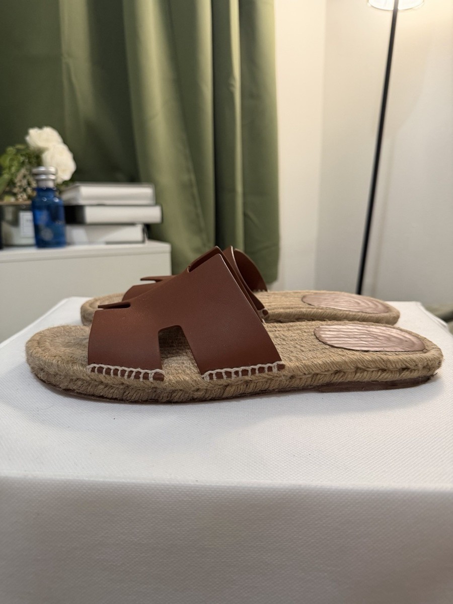 Hermes Brown/Beige Leather H-Strap Espadrille Slide Sandals US 11 View 3