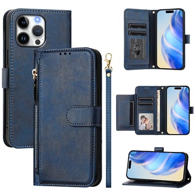 For iPhone 16 15  14 13  12 11 Pro Max XS Zipper Wallet Cover Leather Phone Case
