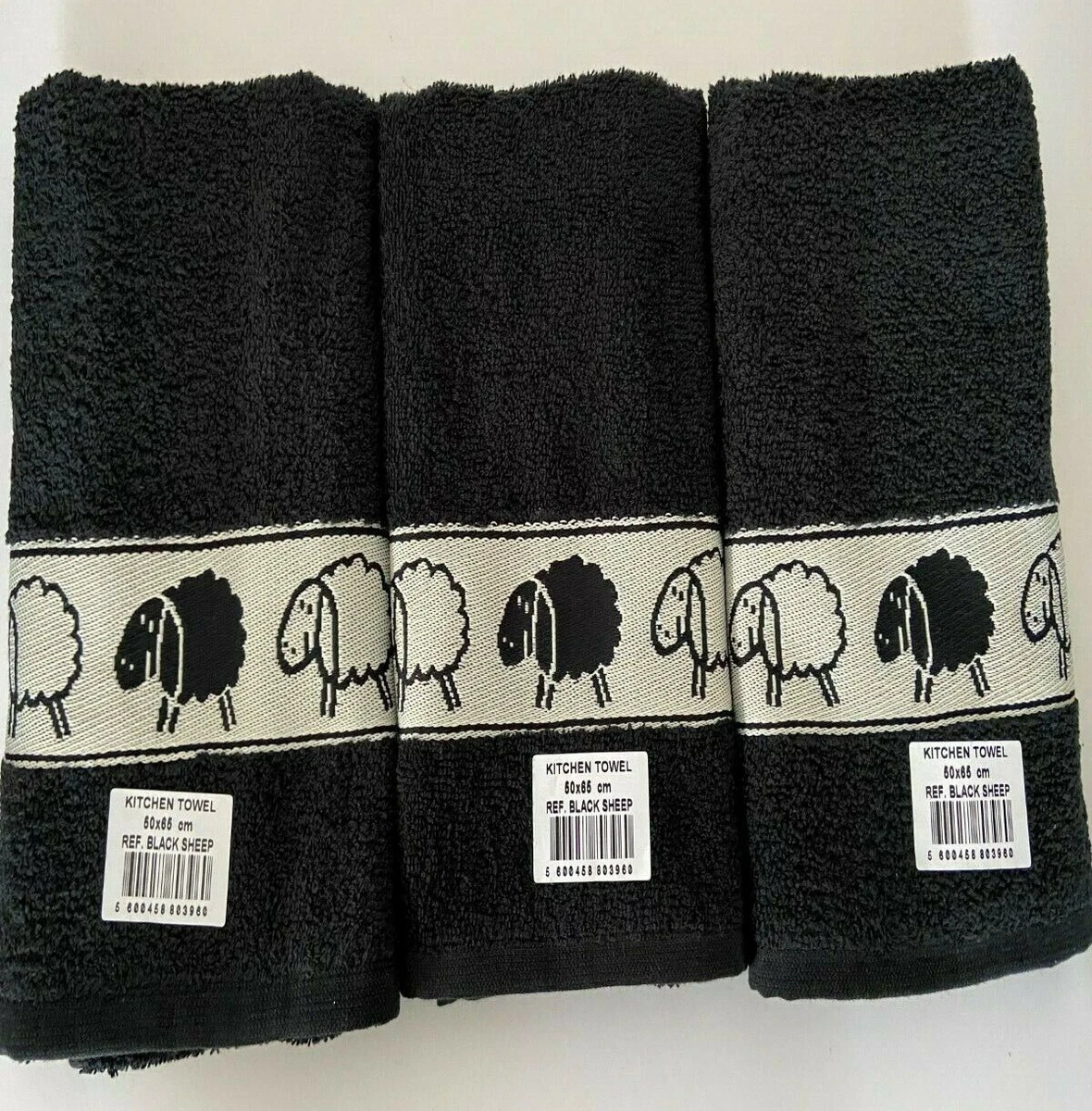 Pack of 3 Cute Black Sheep Kitchen Hand Tea Towel 100 Cotton 40cm