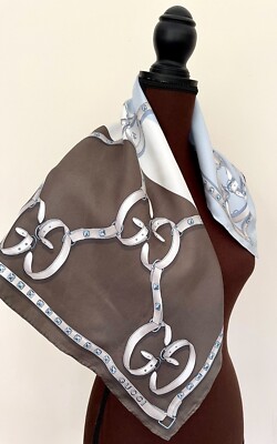 Gucci Silk Wrap Straps Chains Brown Blue Unisex Scarf with Gucci Gift Box