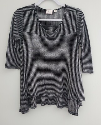 Anthropologie Postmark Gray Black Striped Top High Low 3/4 Sleeve XS