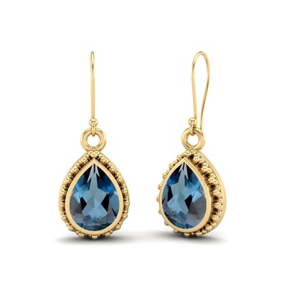 Pear Shape London Blue Topaz 925 Sterling Silver Yellow Plated Teardrop Earrings