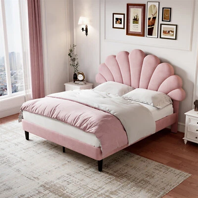 MERAX Double Bed Velvet Fabric Upholstered Platform Bed Frame with Headboard Pink 4FT6