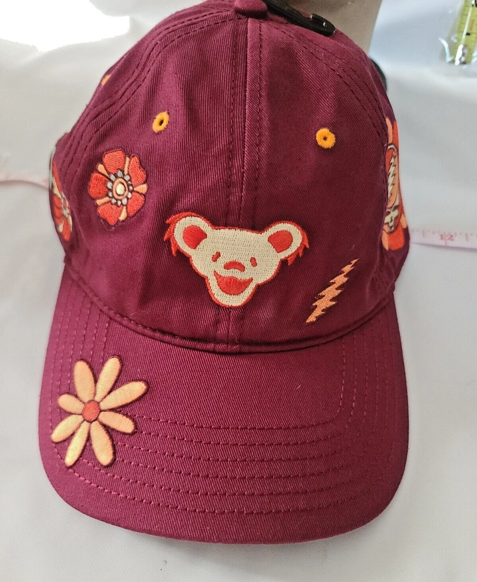 Grateful Dead Bear Cap Hat Adjustable Back Maroon Orange Flower Skull NWOT
