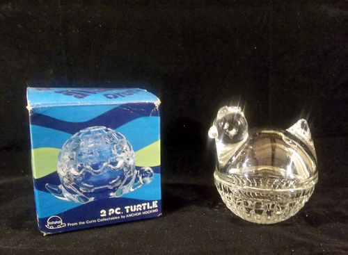 Anchor Hocking Curio Collectable 2 pc Heavy Clear Glass Hen with Turtle Box - Picture 16 of 19