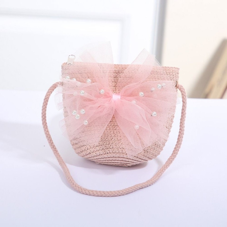 Zipper Girl Straw Bag Mesh Bow Crossbody Handbag Summer Beach Storage