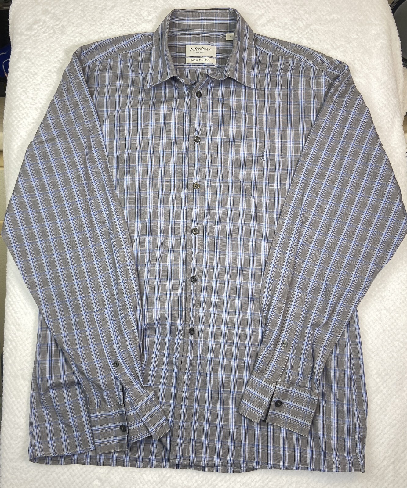 Camicia Yves Saint Laurent grigia e blu a quadri manica lunga taglia large