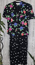 Vintage Flirty Saks Fifth Avenue Polka Dot Bright Floral Skirt Suit 12 1980s 90s