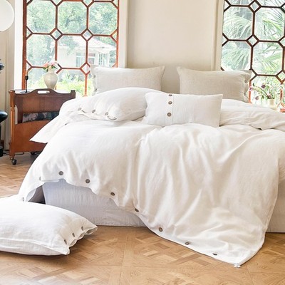 Simple&Opulence 100% Linen Duvet Cover Set 3pcs with Coconut Button Closure N...