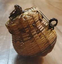 Miniature Woven Wicker Basket with Lid 3" Ornament Dollhouse Mini Vintage