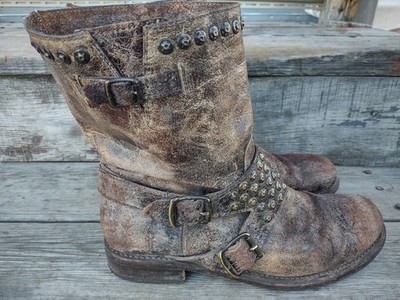 Vintage FRYE Jenna Studded Harness Short Boots Distressed Brown Size US 10 B