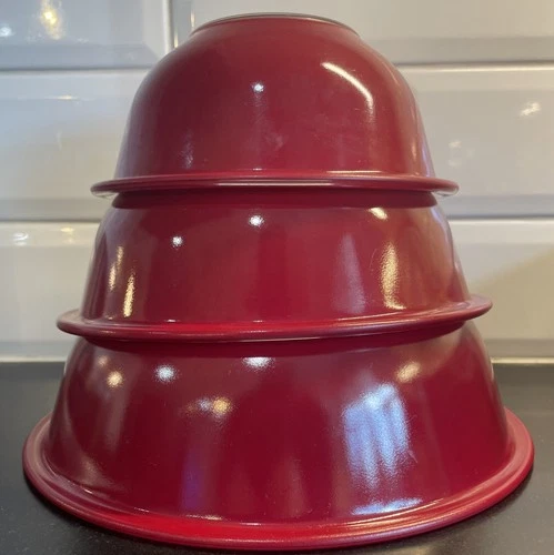 Vintage Pyrex Nesting Bowls Set of 3  Clear Bottom/Red - Mixing Glass Bowl USA