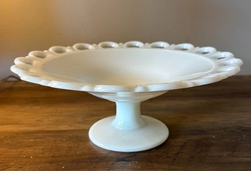 Vintage Milk Glass Pedestal Cake Stand Heart Edge 11” Compote Dessert Plate