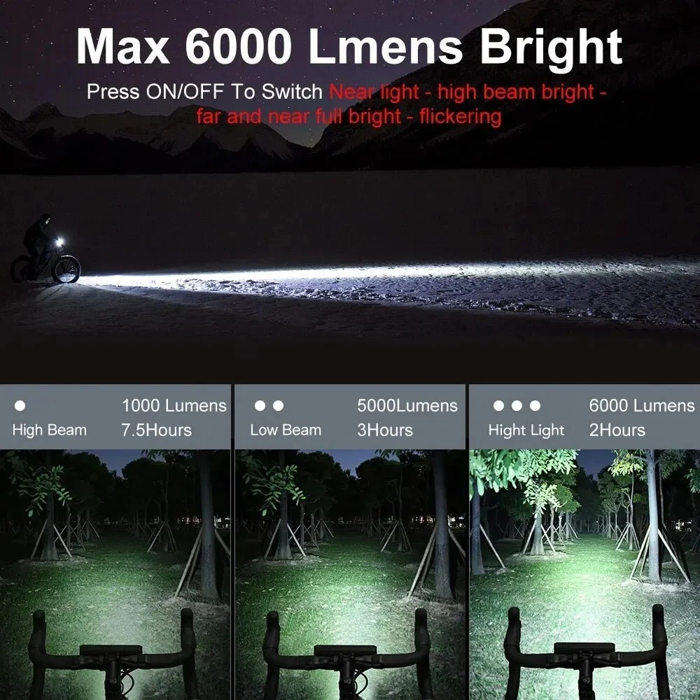 Waterproof Bike Light 6000 Lumen 8000Mah USB Rechargeable MTB Road Cycling Lamp