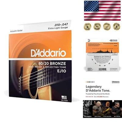 Extra Light Gauge 10-47 D'Addario 80/20 Bronze Acoustic Strings for Vibrant Tone